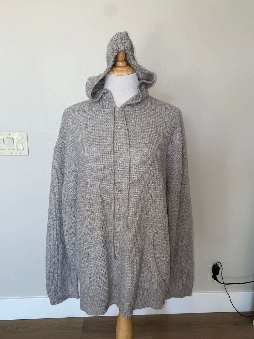 Fitigues 100% Cashmere Waffle Knit Gray Hoodie Sweater Oversize Unisex Large